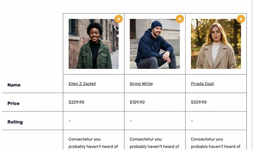 Product catalog spreadsheet screenshot showing jackets, prices, and ratings ready for Excel conversion